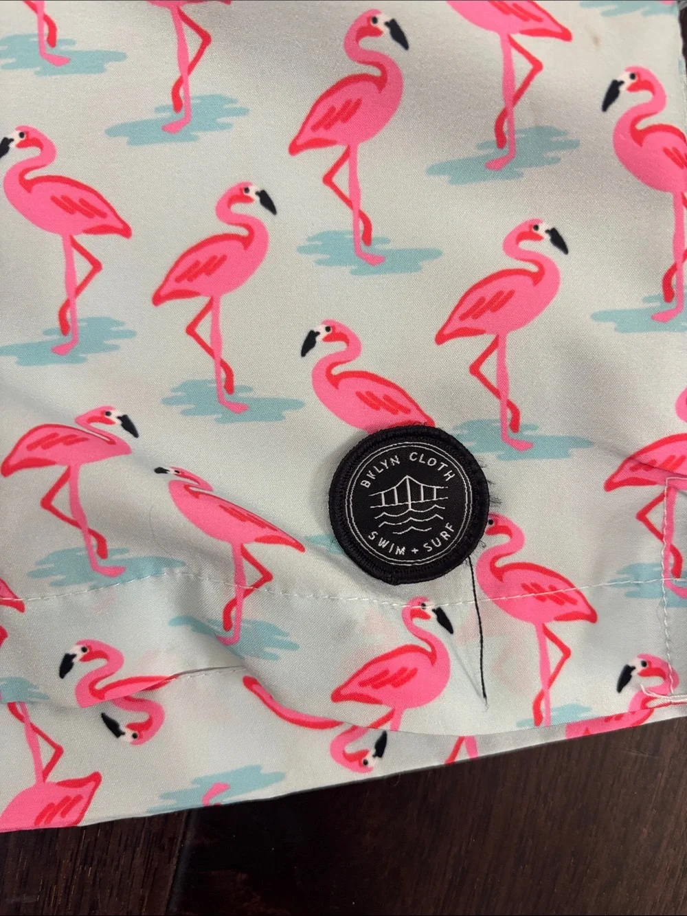 Brooklyn Cloth Light Blue Men’s Swim Trunks with Pink Flamingo Print Size XL